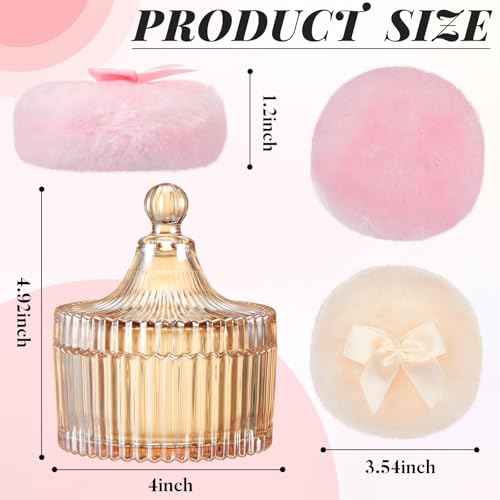Tioncy 3 Pcs Large Body Powder Puff and Container Valentine's Day gift Powder Container with Puff Crystal Case Soft Washable Reusable Velour Face Body Glitter Wet Dry Makeup(Classic,Amber)