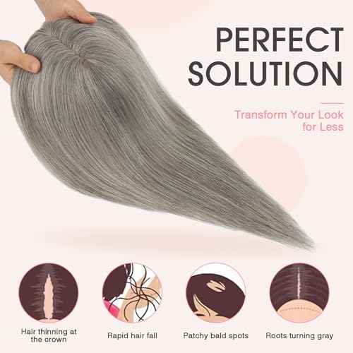 TESS Real Hair Toppers for Women Handmade Lace Base Womens Clip In Hairpieces with Bangs 5 Clips Natural Coverage Soft and Secure 2¡¿6", Silver