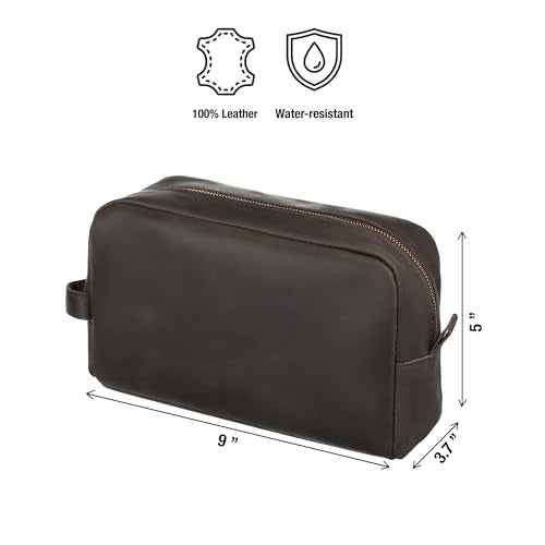 Awesometik Mens Travel Bag Toiletries Organizer Case for Grooming, Toiletry Bag for Men, Travel Essentials Shaving Dopp Kit, Geniune Leather Water Resistant Cosmetic Bag Pouch (Dark Brown)