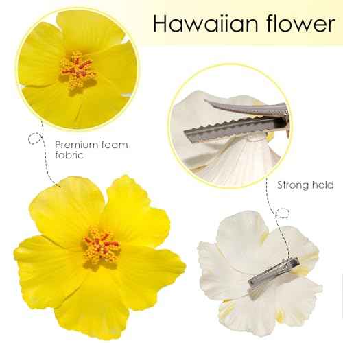 Hawaiian Flower Hair Clips for Women, 6Pcs Plumeria Claw Clips for Think Thin Hair, 3.5 Inch Artificial Flower Clips for Vacation Beach Party (Hibiscus)