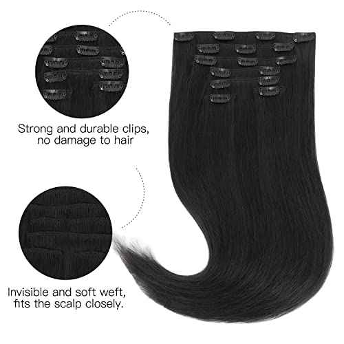 HOTBANANA Human Hair Clip in Hair Extensions, Natural Black 120g Clip in Hair Extensions Real Human Hair Straight Remy Hair 20 Inch 7pcs