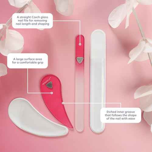 Glass Nail File Set by Bona Fide Beauty - Ergo File - Premium Nail Care Tools Genuine Czech Glass (Pink)