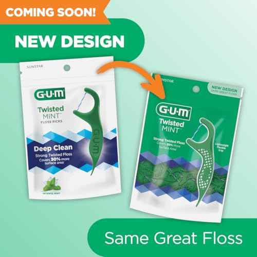 GUM Twisted Mint Floss Picks - Twisted Threads, Shred-Resistant Floss, Easy Grip Handle, 150 Count (Pack of 4)