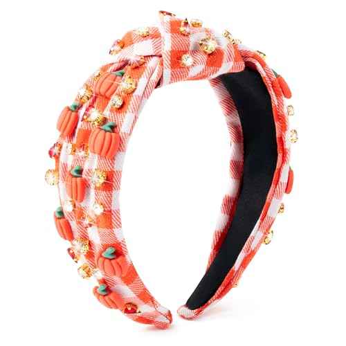 PANTIDE Thanksgiving Fall Jeweled Knotted Headband - Pumpkin Rhinestone Crystal Embellished Headband Wide Top Knot Fashion Hairband Hair Accessories Autumn Birthday Gift for Women Girls(Plaid Pumpkin)
