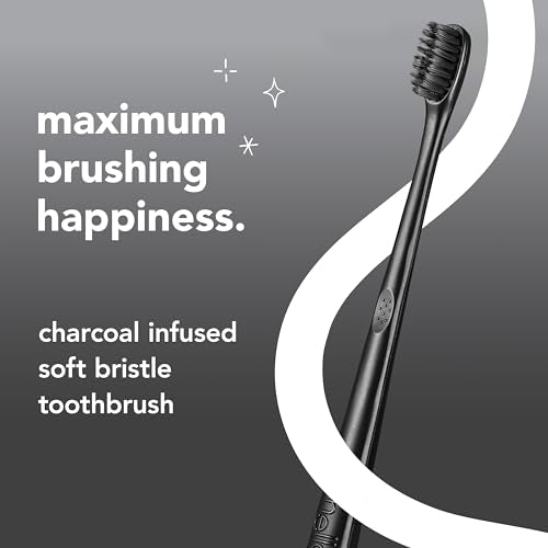 hello Soft Bristle Adult Charcoal Toothbrush Pack, BPA-Free Soft Toothbrushes with Charcoal Infused Bristles, Gentle on Gums and Teeth, Ergonomic Handle Made with Plant-Based Materials, Black, 4 Pack