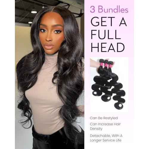 Arabella 3 Body Wave Bundles Human Hair 16 18 20 Inch Natural Black Bundles 100% Unprocessed Brazilian Virgin 10A Weave Sew in Double Weft Human Hair Bundles