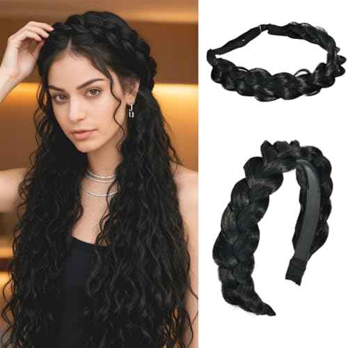 Braided Headbands for Women, 2 Pcs Handmade Fashion Braid Headband with Teeth and Elastic Stretch Braids Hairband for Girls Beauty Hair Accessories Party Festival Halloween (Black)