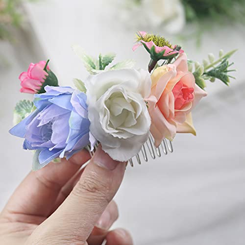 Fangsen Wedding Yucca Gloriosa L Rose Flower Hair Comb Bridal Flower Hair Clip Floral Hair Accessories for Women and Girls (Blue)