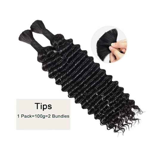 20 Inch Human Braiding Hair for Boho Braids Human Hair 100g 2 Bundles Deep Wave Bulk Human Hair for Braiding No Weft Curly Braiding Hair Bulk Hair Extensions Real Human Hair Natural Color