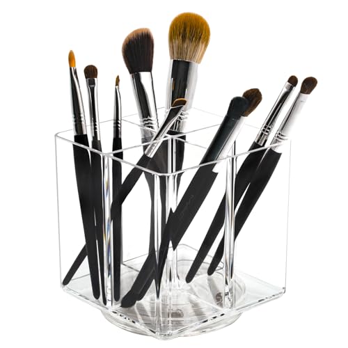 Clear Makeup Brush Holder,Acrylic Rotating 360¡ÆMakeup Brush Organizer,Pen holder with 4 Grids,Makeup Holder for Courtup,Containers for Desk,1pc