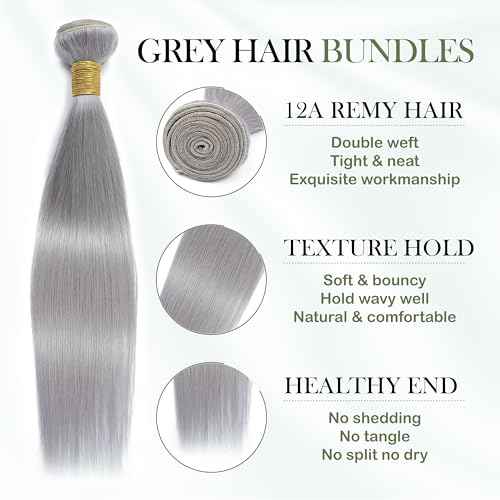Grey Human Hair Bundles 14 16 18 Inch Straight Human Hair, 100% Unprocessed Virgin Remy Bundles Grade 12A Lavender Gray Color Sew In Quick Weave for Women