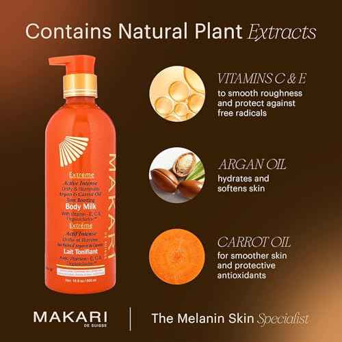Makari Extreme Active Intense Carrot & Argan Oil Body Milk (16.8 oz) | Unify & Illuminate | Tone-Boosting Body Lotion with Vitamins E and C | Helps Brighten Skin Tone | Promotes Even Complexion