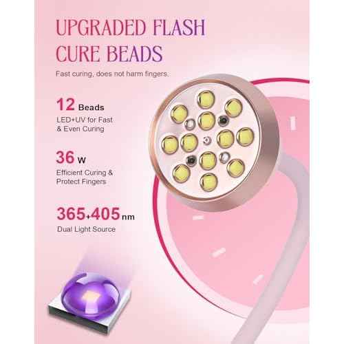 UV LED Nail Lamp for Gel Nails Polish, Flash Cure 36W Rechargeable Cordless Gooseneck Mini Nails Light, Quick Dryer with Timers Smart Sensor Ambient Lighting, Home DIY & Professional Manicure, Pink