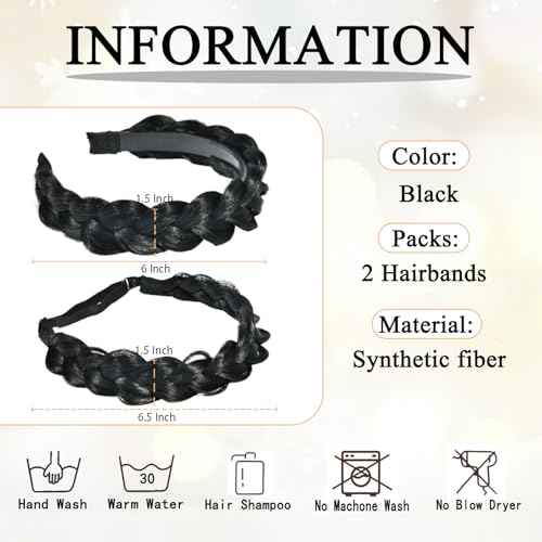 Braided Headbands for Women, 2 Pcs Handmade Fashion Braid Headband with Teeth and Elastic Stretch Braids Hairband for Girls Beauty Hair Accessories Party Festival Halloween (Black)