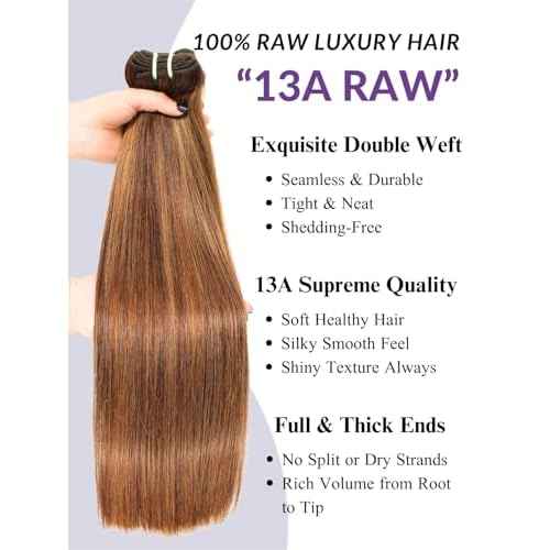 13A Double Drawn Honey Blonde Highlight Thick Raw Straight Human Hair Single Bundles 20 Inch, Ombre Brown Soft & Bouncy 100% Raw Human Hair Piano Colored P4/27 Quick Weave