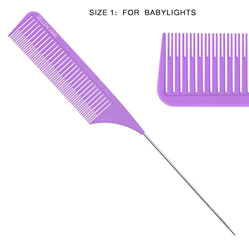 Ultimate Highlight Comb Set, 5 Sizes PEI Material, Heat Resistant Professional Balayage Comb with Extra Long Stainless Steel Needle (Purple)