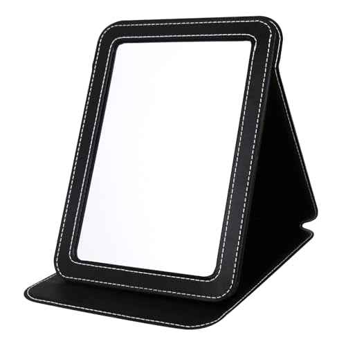 Travel Mirror for Desk, 6.5¡¿8.9¡± Adjustable Rectangle PU Edge Covering Black Foldable Desk Mirror with Stand for Travel Camping Home (Black)