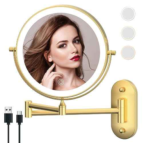Rechargeable Wall Mounted Lighted Makeup Vanity Mirror 9 Inch Double Sided 1X 10X Magnifying Bathroom Mirror, 3 Color Lighting, Touch Screen Dimming, 360 Rotation Shaving Mirror Gold