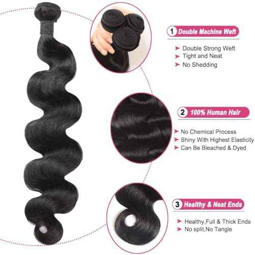 CHEEON Body Wave Bundles Human Hair 16 18 20 Inch Human Hair Bundles 12A Grade Unprocessed Brazilian Virgin Hair Extensions 3 Bundles Deal Natural Black