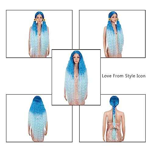 Style Icon 41" Ombre Blue Lace Front Wigs Long Wavy Synthetic Wigs with Baby Hair Ombre Blude Bohemian Style Half Hand Tied 130% Density Wigs (41", GT BLUE/BLUE5)