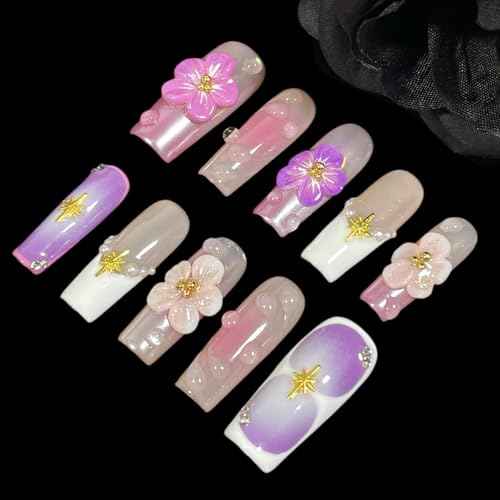 Handmade Press On Nails Medium/Long Square Pink 3D Sakura Design - Reusable French Acrylic Fake Nails with Gold Stars & Pearls, Luxury Cherry Blossom False Nails (Sakura, M)