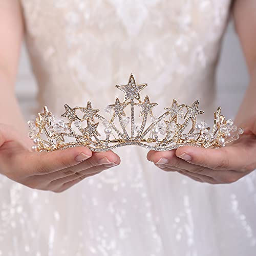 JWICOS Star Rhinestone Princess Crowns for Women and Girls Wedding Bridal Party (Gold)