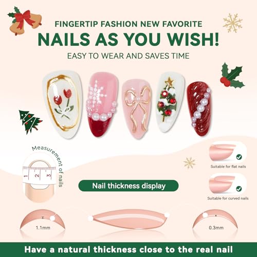 Christmas Press On Nails Medium-Reusable Almond Fake Nails with 3D Bow Pearl Snowflakes Xmas Tree Designs Red French Tips Nails Glitter Winter Xmas Nails Press On for Women Girls,30 Pcs