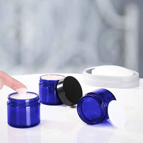 24 Pack 1 oz Round Blue Glass Cosmetic Jars with Inner Liners and Black Lids, Travel Glass Jars, Cosmetic Containers for Lip Balms, Powders, Makeup, Cream, Eyeshadow, Slime, Paint