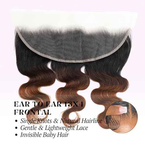 Ombre 13x4 HD Lace Frontal Body Wave (150% Full Denisty, 16 IN) 12A Chestnut Brown 3 Tone Color #T1B/2/30 Ombre Frontal Transparent hd Lace Ear to Ear Natural Hairline Dark Root 100% Remy Hair