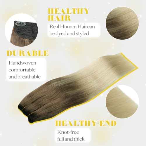 Wire Hair Extensions,Invisible Wire Hair Extensions Short Ash Brown to Platinum Blonde Hair Extensions Real Human Hair 16inch Straight Fish Line Hair Extensions70g(#8T/60-16inch)
