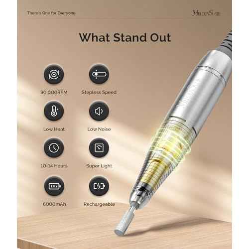 MelodySusie Entry-Level Clip-On Cordless Nail Drill, SC320H 30000RPM Popular Classic E-File with LCD Display for Manicure Shaping & Gel Removal, Perfect for Training, Nail Art Practice & Home Use