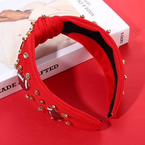 CEALXHENY Football Headband for Women Football Accessories Beaded Football Rhinestone Crystal Knotted Headband Jeweled Embellished Game Day Top Knot Headband Football Mom Hair Accessories (B-Red)