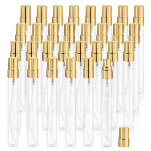 30 Pcs 10ml/0.34oz Mini Spray Bottle Glass Fine Mist Perfume Atomizer Empty Sample Containers with Golden Lids for Travel Cleaning Essential Oils