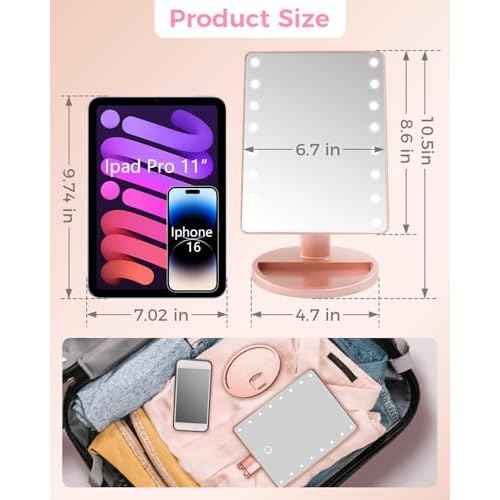 Christmas Lighted Makeup Mirror with Lights, Pink Vanity Mirror with Lights, 16 LEDS Dimmable Desk Mirror, Dual Power Supply, Present Gifts for Teenage Girls, Rose Gold Dorm Room Essentials