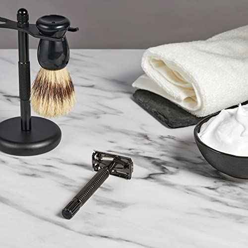 Deluxe Men¡¯s Wet shaving Kit, All Black Set, Lengthen Version Double Edge Safety Razor, Large Stand, Shaving Brush, Ceramic Shaving Bowl and 10 Extra Blades