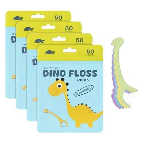 Sea Turtle Kids Dino Floss Picks - Corn Starch Handle - Thin Thread Tooth Dental Flossers - Unflavored (200)