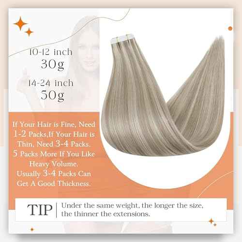 Full Shine Tape in Human Hair Extensions 24 Inch Real Human Hair Tape in Extensions 50 Gram Seamless Hair Extensions 20pcs Ash Blonde Highlights Bleach Blonde Skin Weft Double Side Brazilian Hair