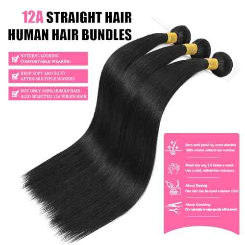 Straight Human Hair Bundles 12A Brazilian Human Hair 3 Bundles 100% Unprocessed Virgin Human Hair Extensions Natural Black Color 18 20 22 Inch