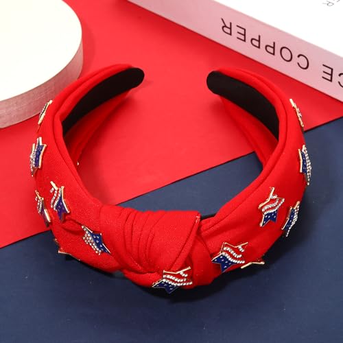 NVENF 4th of July Headbands, American Flag Star Headband Pearl Crystal Rhinestone Knotted Headbands Patriotic 4th of July Accessories Outfits for Women Holiday Gifts (Star B-Red)