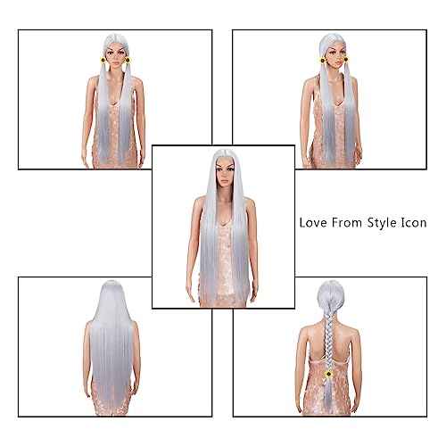 Style Icon 38" Silver Grey Wig Super Long Straight Wigs 6" Deeper Middle Part Lace Lace Front Wigs Silver Grey Long Straight Wig (38", THISTLE)