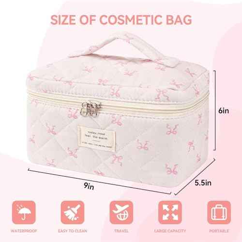 Large Travel Quilted Makeup Bag£¬Cute Bow Cotton cosmetic bag, Fashionable aesthetic makeup bag,Coquette Aesthetic Floral Travel Toiletry Bag for Women and Girls