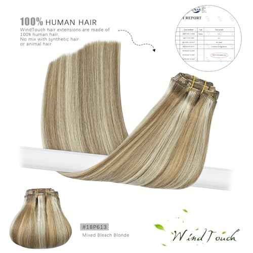 WindTouch Clip in Hair Extensions - 100g Real Human Hair, Mixed Bleach Blonde, 7pc 20-inch Thicker Extensions