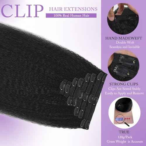 Kinky Straight Clip in Hair Extensions Real Human Hair 14Inch 8Pcs 120g Double Weft Kinky Curly Clip Ins Full Head 100% Unprocessed Brazilian Virgin Hair Extensions for Women Natural Black