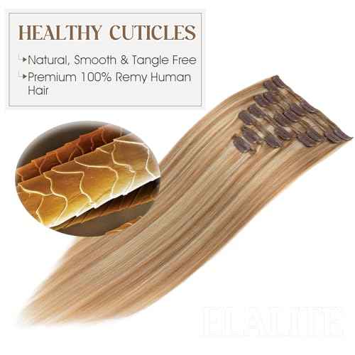 Elailite Clip in Hair Extensions Real Human Hair Double Weft Thick 8pcs Weft Golden Brown & Bleach Blonde 18 Inch 140g Remy Hairpieces Balayage Full Head Straight for Women