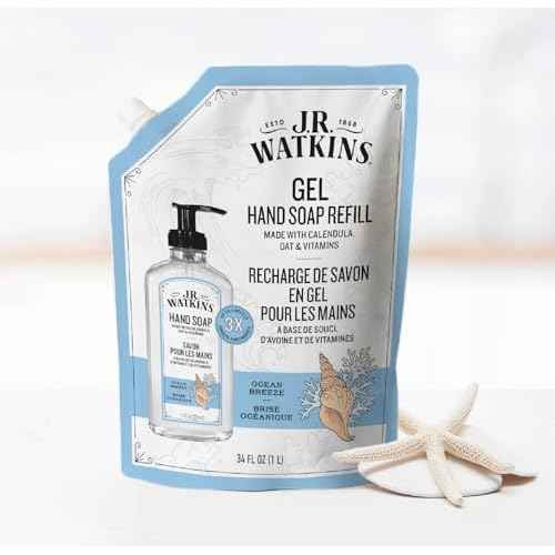 J.R. Watkins Gel Hand Soap Refill, Moisturizing Hand Wash, Formulated with Plant-Based Cleansers, Alcohol-Free, Cruelty-Free, Ocean Breeze, 34 Fl Oz, 2 Pack