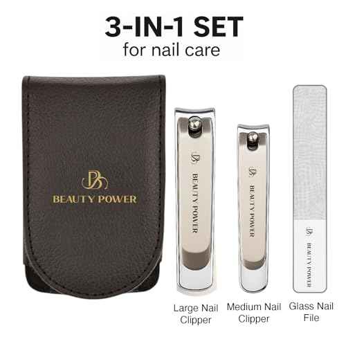 Nail Clippers Set 3 in 1 - Stainless Steel Toe Nail Clippers, Fingernail Clipper, Glass Nail File, Anti Splash, Ergonomic Grip in PU Leather Travel Case for Men & Women (Black Case)