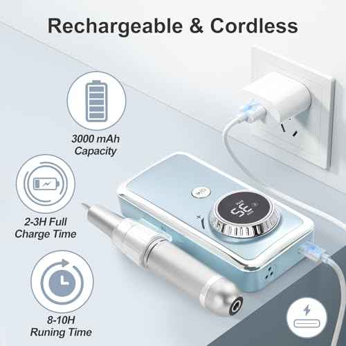 Rechargeable Nail Drill Macine, 35000RPM Professional Electric Efile Nail Drill with LCD Display for Acrylic Nails Remove, Portable Manicure Pedicure Polishing Tools with everything for Salon Home Use
