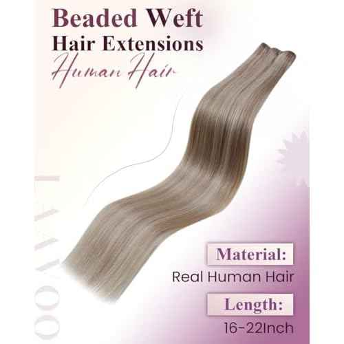 LaaVoo Hair Beaded Weft Hair Extensions Real Human Hair Beaded Weft Hair Extensions Human Hair Blonde Highlighted 22inch 50g