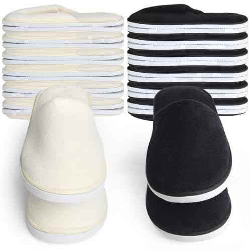 Yeios 12 Pairs Disposable Slippers for Guests Hotel Spa Slippers,0.78inch Sole 180GSM Coral Fleece Non-slip Washable House Slipper Bulk for Adult for Men and Women Beige and Black