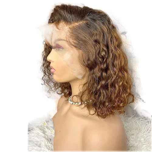 Ombre Brown Curly Brazilian Remy Human Hair Glueless 13¡¿4 HD Lace Front #4/30 Colored Preplucked Deep Part Closure Lace with Baby Hair for Black Women 150% Density 8 Inch